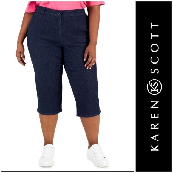 KAREN SCOTT - NWT - L Sz 16 Petite Comfort Waist Capri Jeans in Dark Wash - Picture 1 of 16